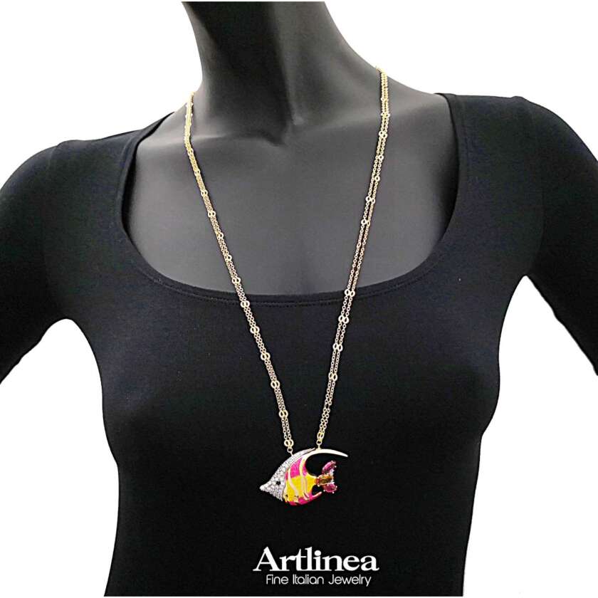 Collana Artlinea Pesce in argento 925 rodiato con riporti dorati, zirconi e Siamiti ZCL1334-MN  Collane Lunghe