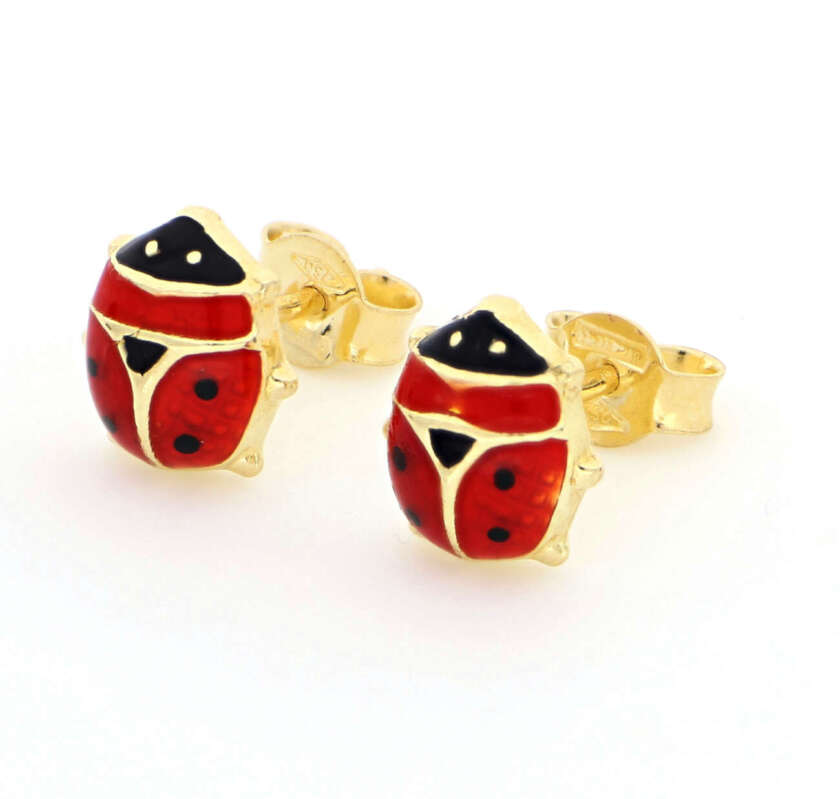 Orecchini coccinella al lobo in oro giallo e smalto colorato  OR-915   Gioielli per bambini Orecchini a Lobo