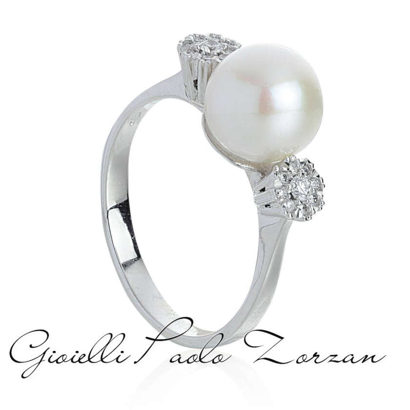 Anello in oro bianco 18 kt con diamanti e Perla di mare 8.5-9mm AD781-LB  Anelli Fascia